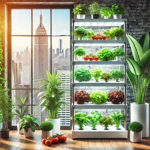 Fresh herbs and vegetables growing in the Aquager Hydroponic Home Farm indoors