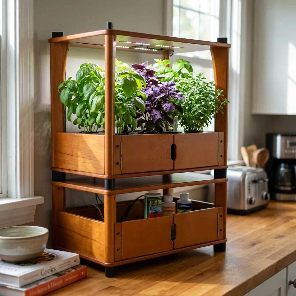 Several distinct Aquager basil varieties, including purple and green leaf types, growing side by side in a hydroponic home farm