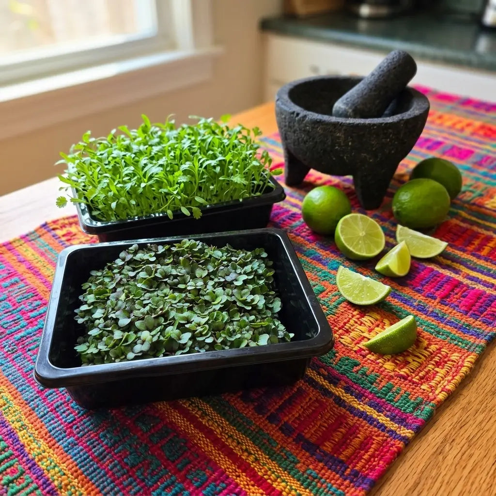 Cilantro and radish microgreens trays styled for Cinco de Mayo with limes and a molcajete