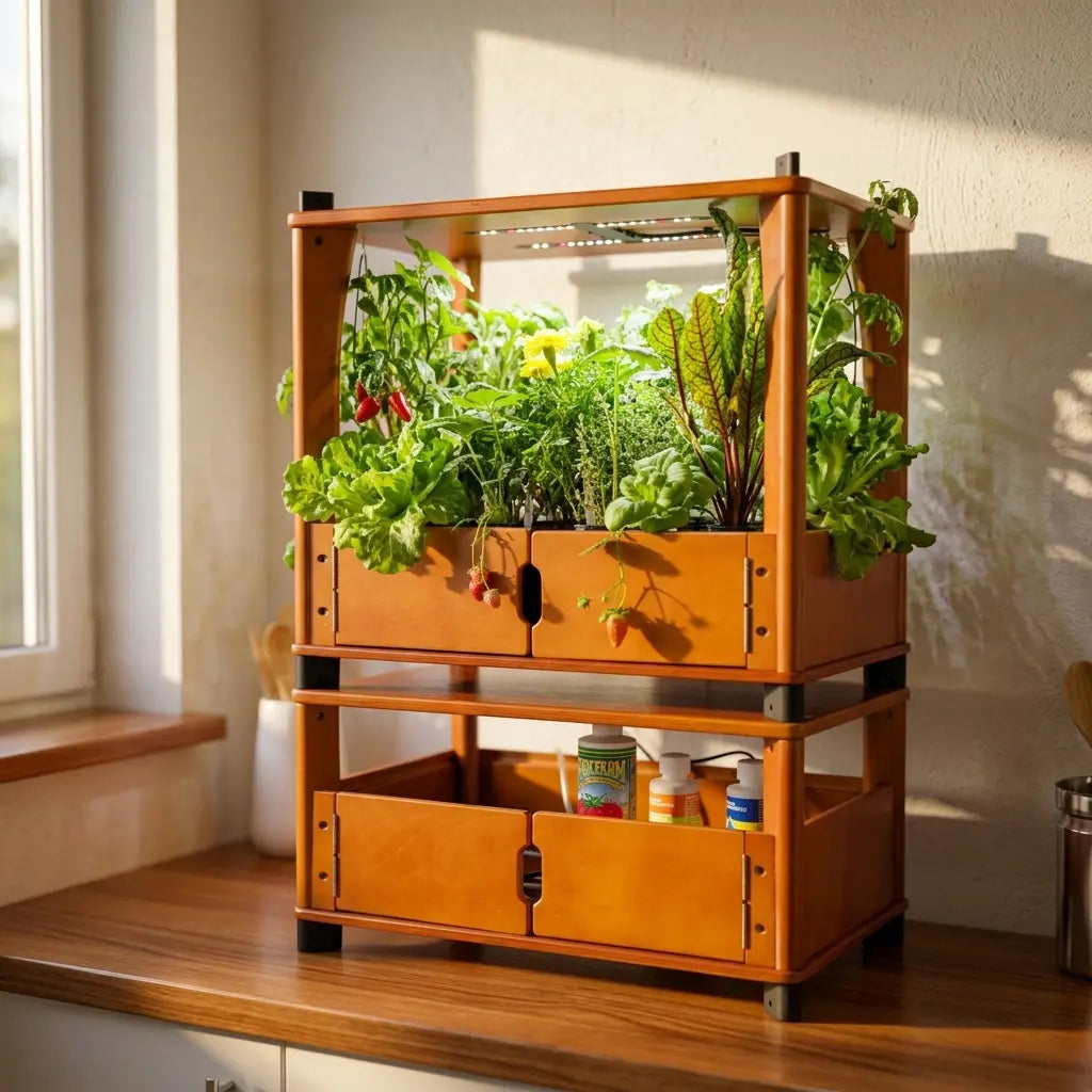 Densely planted Aquager hydroponic home farm mixing fast and slow growing crops in a small kitchen space