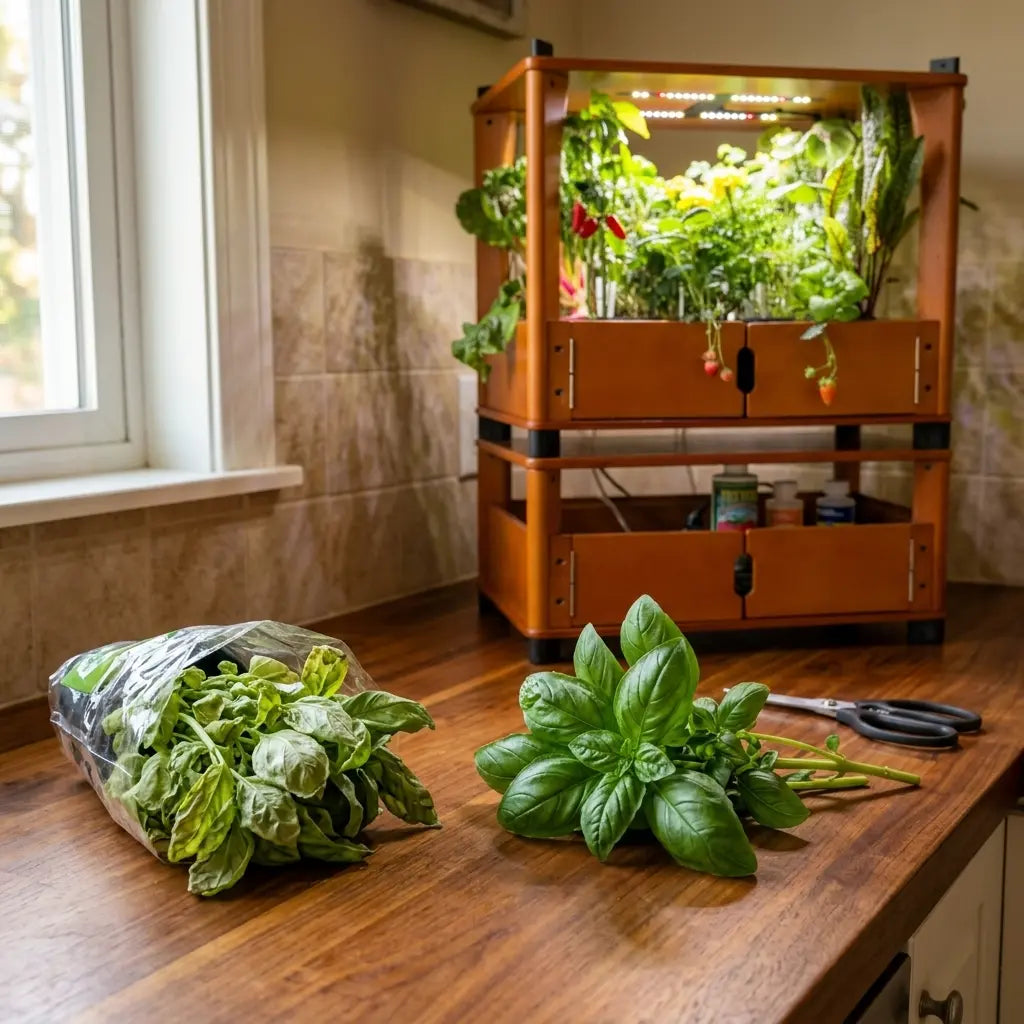 Fresh hydroponic basil next to wilted store-bought basil on a kitchen counter