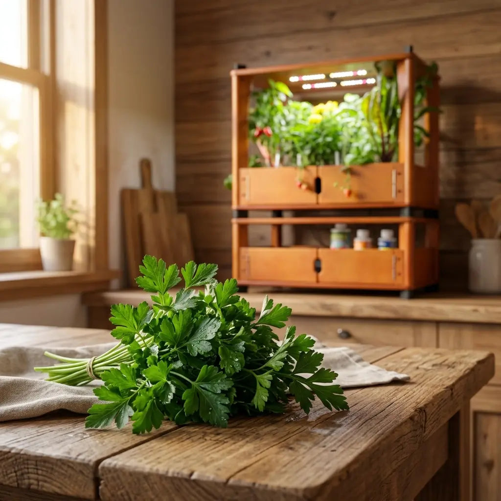 Freshly harvested bunch of parsley on a wooden kitchen counter from an Aquager hydroponic home farm