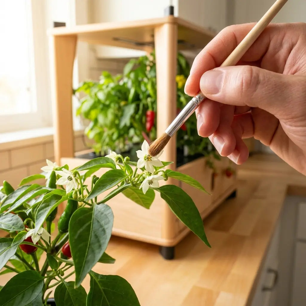 Hand using a soft bristled brush to hand pollinate a white pepper flower on a hydroponic home farm
