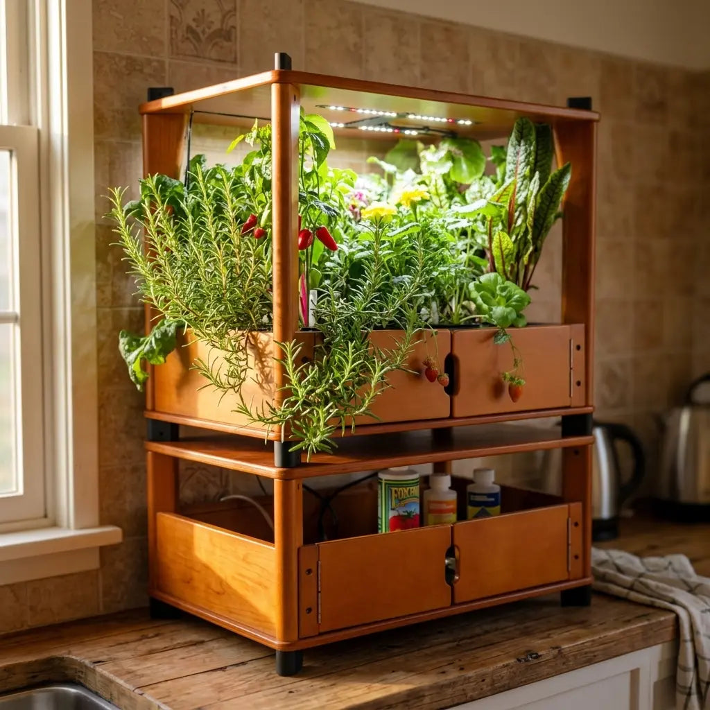 Healthy rosemary plant with woody stems growing in an Aquager hydroponic home farm