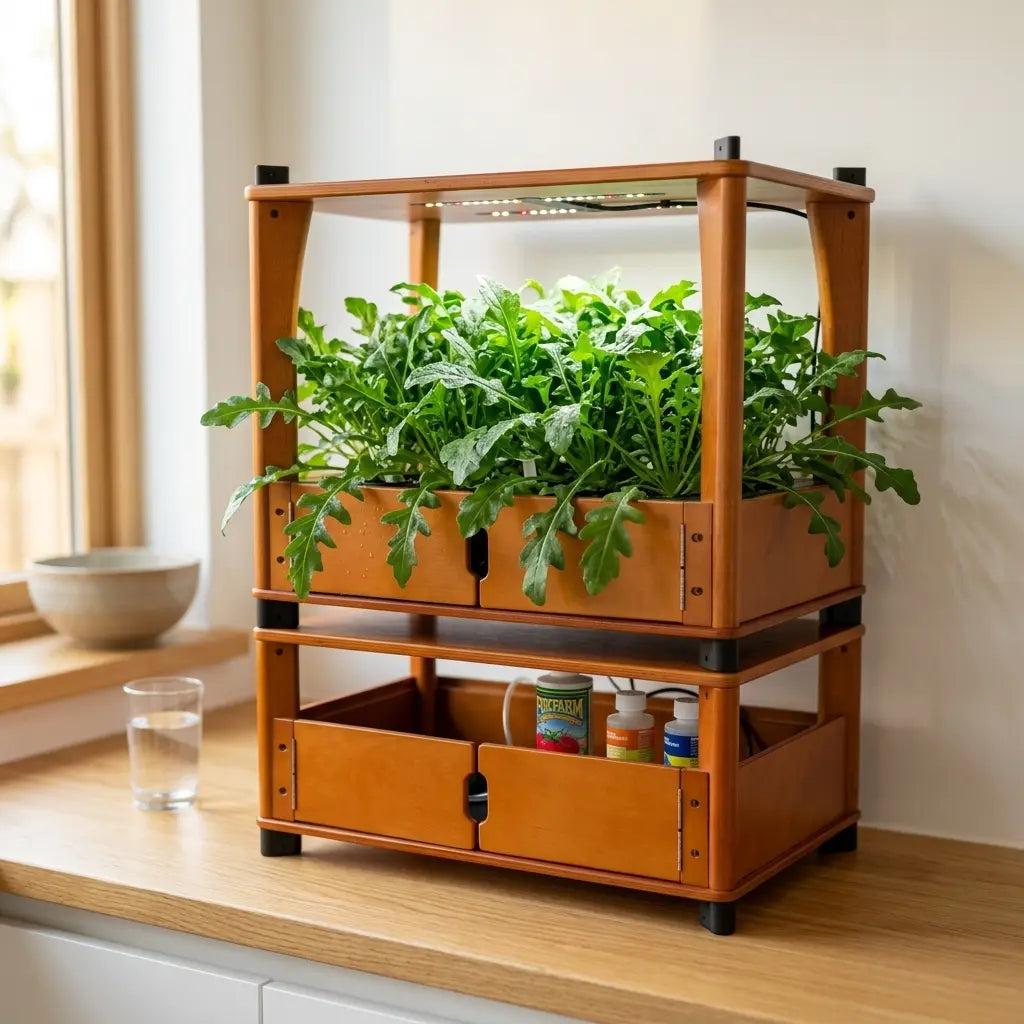 Peppery arugula leaves growing densely in an Aquager hydroponic home farm on a bright kitchen counter