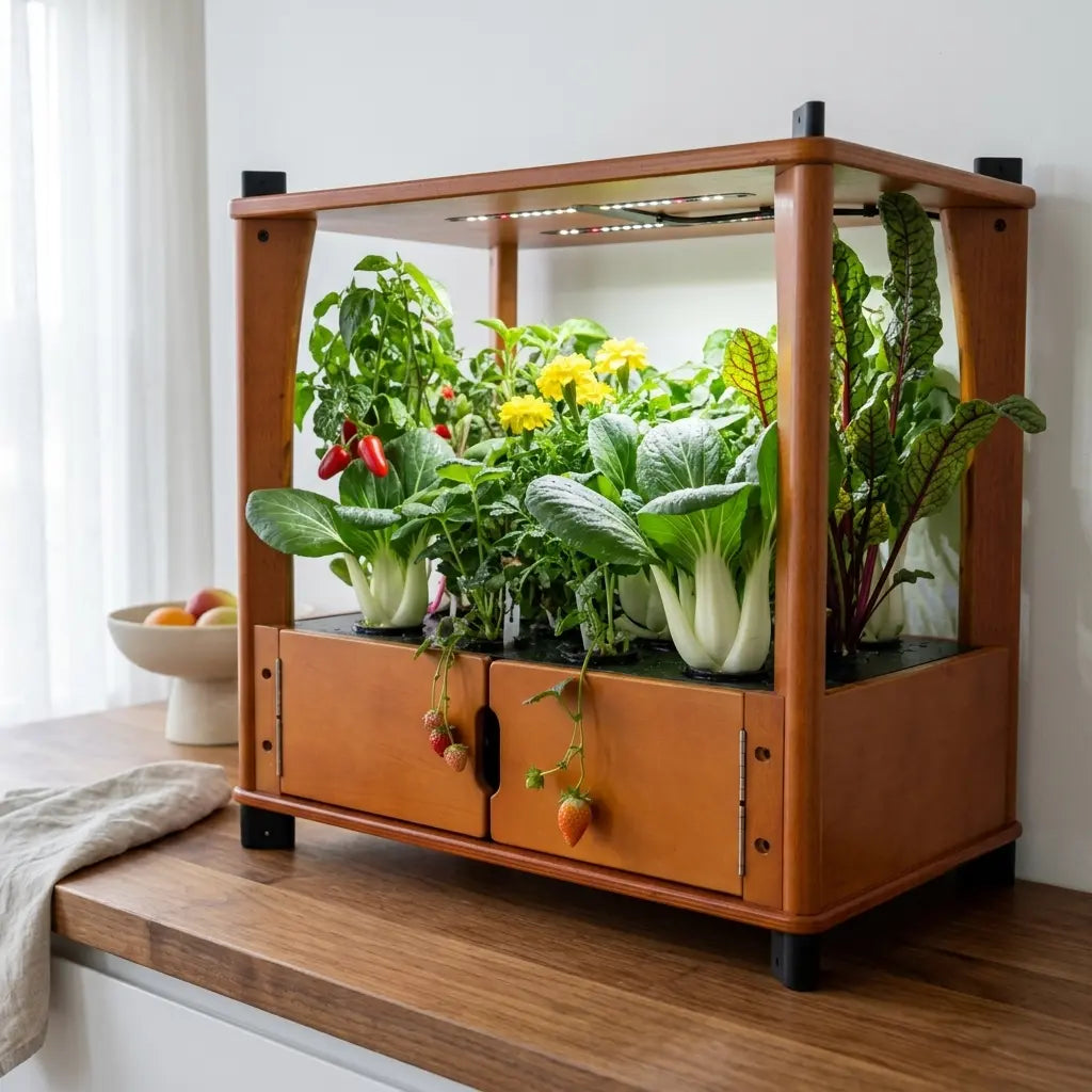 Compact bok choy plants with glossy white stalks growing in an Aquager hydroponic home farm on a bright kitchen counter