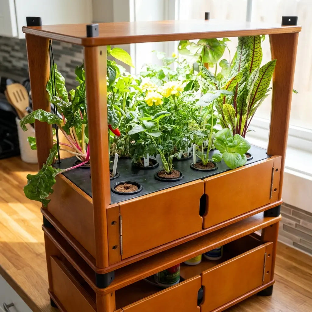 Close-up of organic coco coir grow plugs in an Aquager wooden hydroponic farm against a kitchen wall
