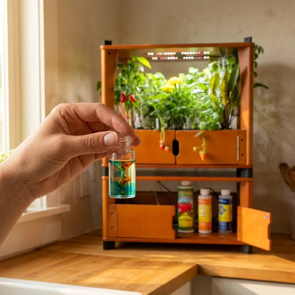 Testing hydroponic reservoir water pH with a liquid drop test beside an Aquager wooden hydroponic farm