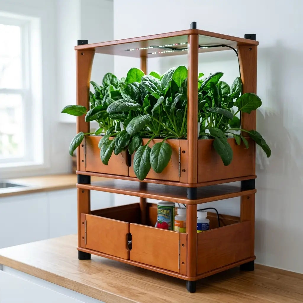 Lush dark green spinach growing in an Aquager hydroponic home farm on a bright kitchen counter