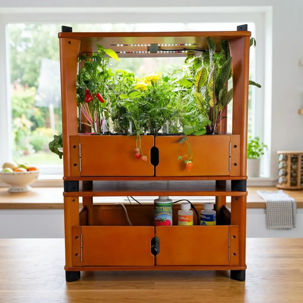Lush indoor hydroponic system with vibrant greens growing near a window, an example of sustainable food growing for Earth Day
