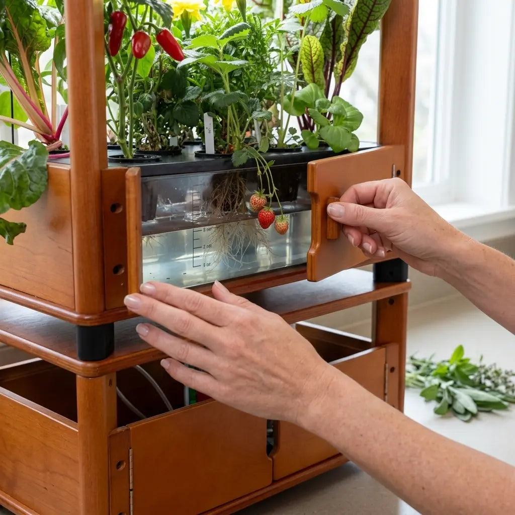 Hands checking the water tank on an Aquager hydroponic home farm before leaving on a trip