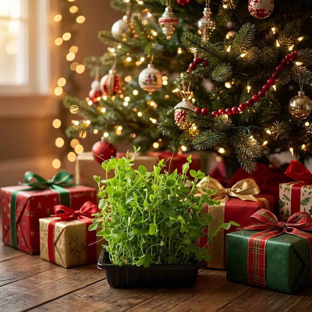 Compact pre-seeded microgreens starter kit box under a decorated Christmas tree with wrapped presents