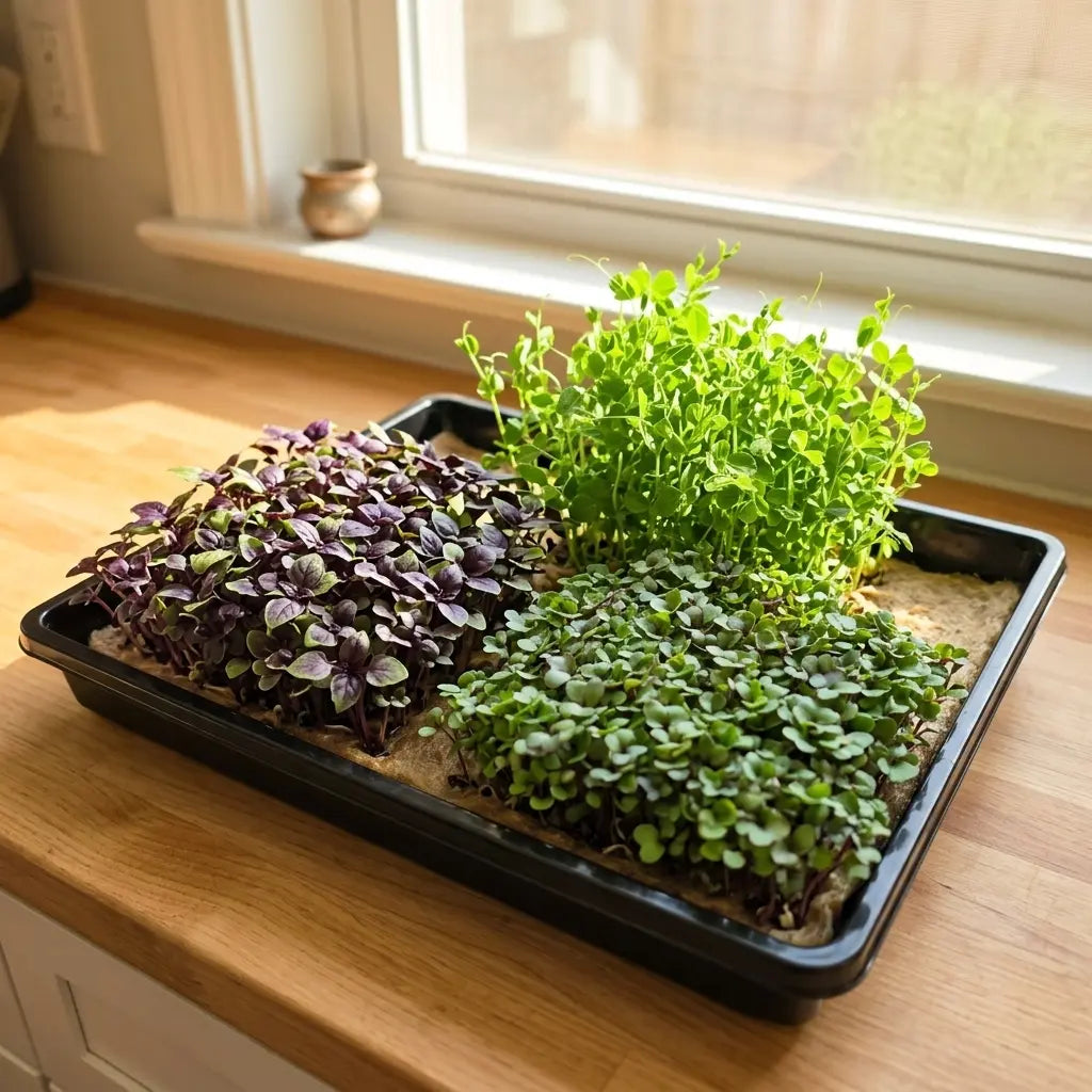 Microgreens tray on a light brown organic grow mat growing in bright natural sunlight from a window