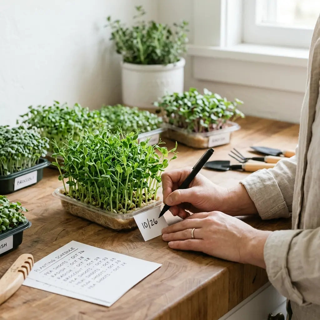 Labeling microgreens trays with a planting schedule for a Thanksgiving harvest