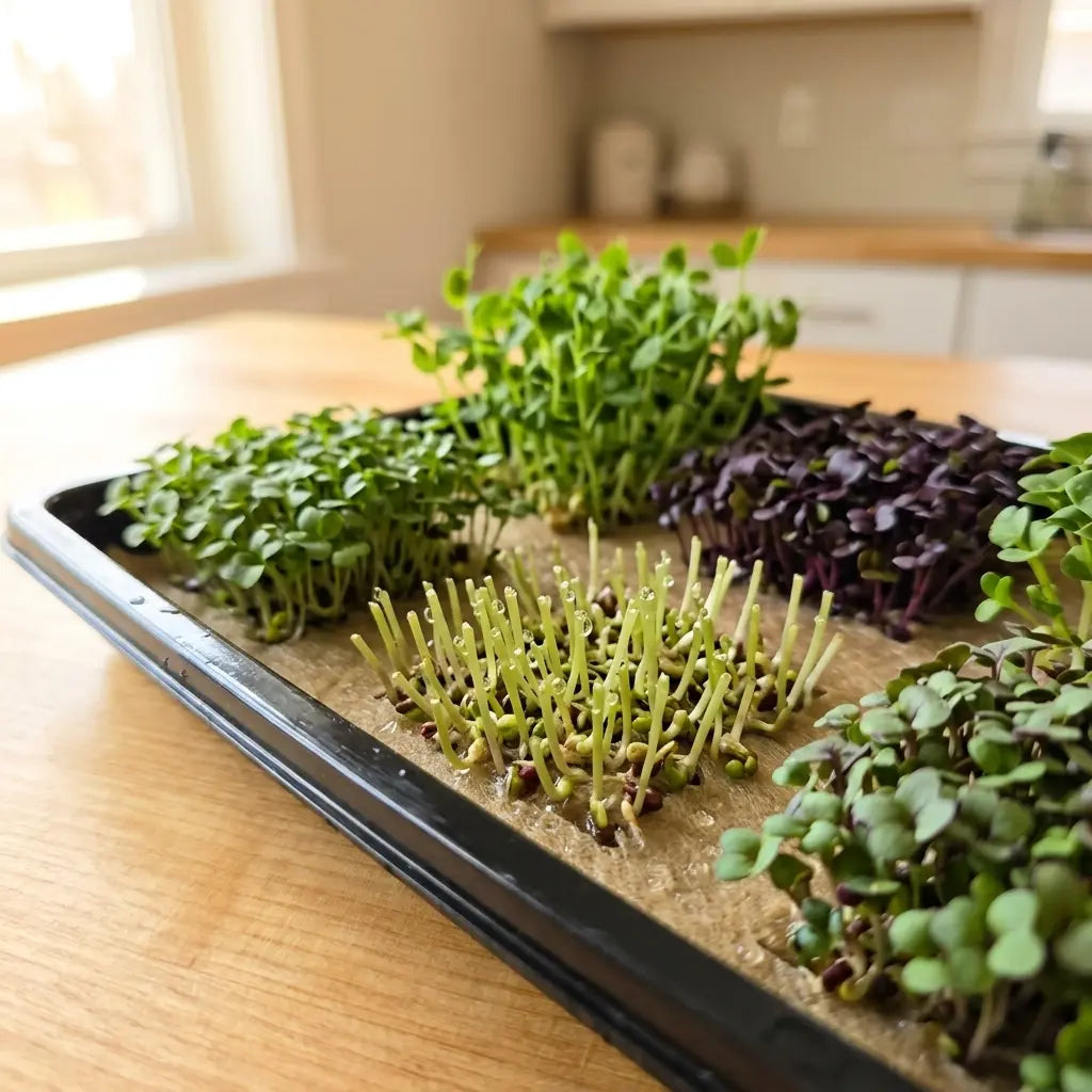 Freshly harvested microgreens tray on a light brown organic grow mat showing cut stems after harvest