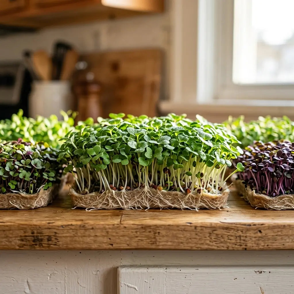Close up of healthy microgreens tray on a light brown organic grow mat showing normal fine white root hairs at the stem base
