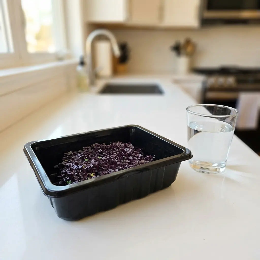 Small tray of microgreens next to a single glass of water showing minimal water use
