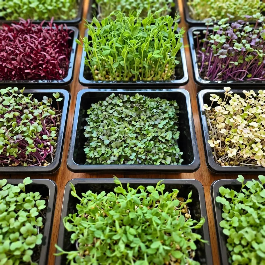 Overhead flat lay of a dozen colorful microgreens trays showing the full range of Aquager varieties