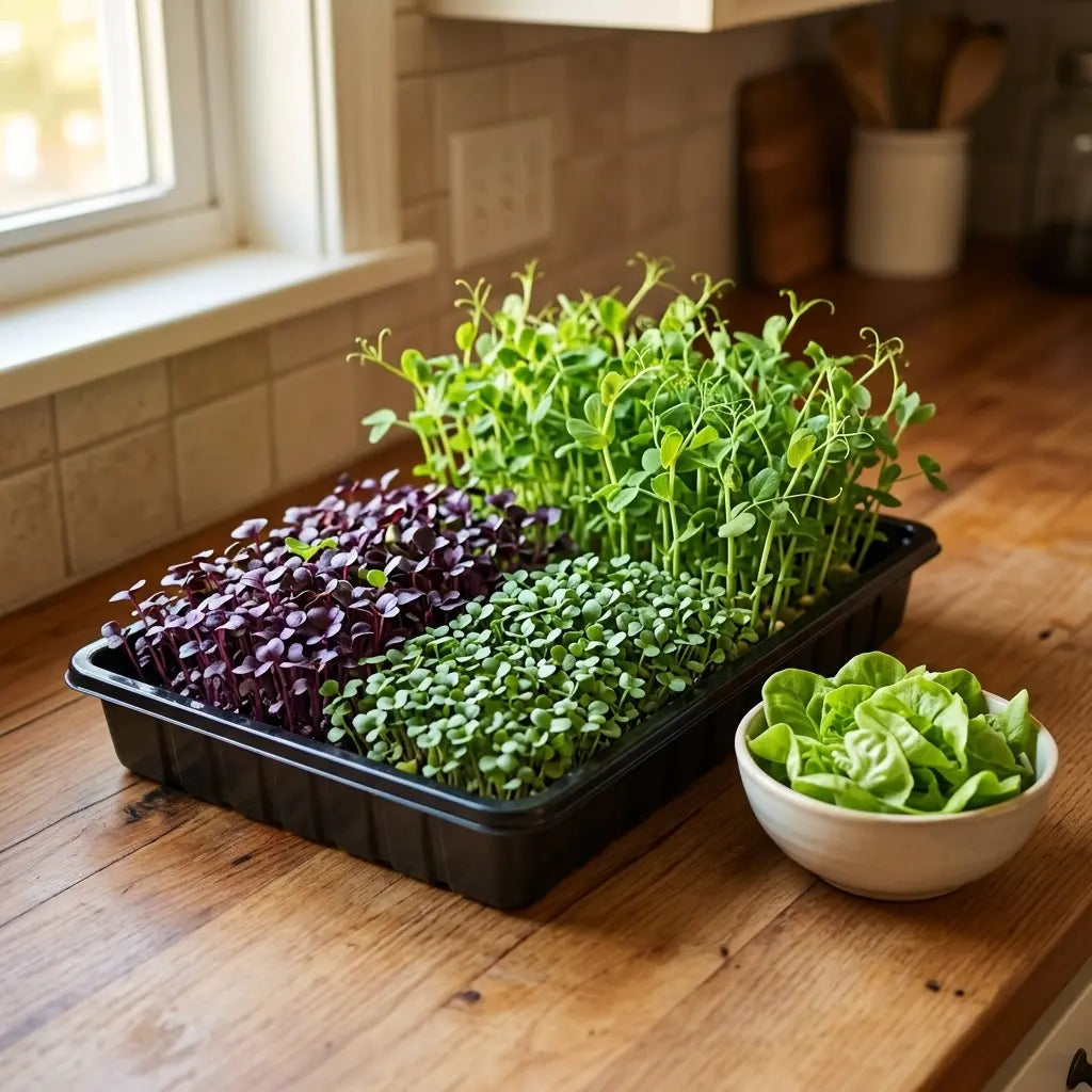 Tray of colorful microgreens next to a bowl of pale baby lettuce showing the lettuce nutrition comparison