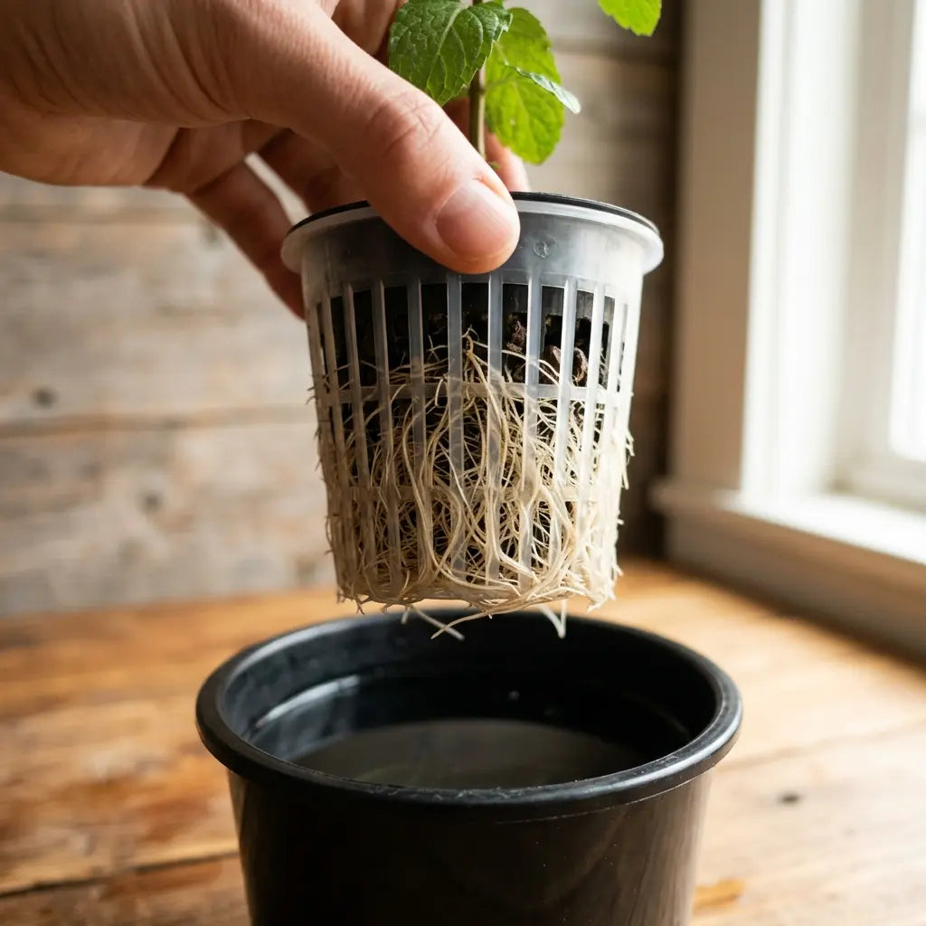 Spearmint, peppermint, and chocolate mint growing in individual contained net pots in an Aquager hydroponic home farm