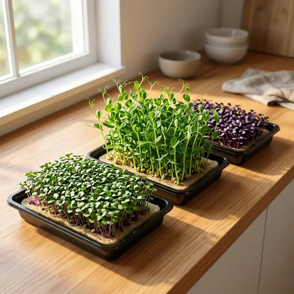 Fresh mustard microgreens growing in a tray on a light brown organic grow mat on a wooden kitchen counter