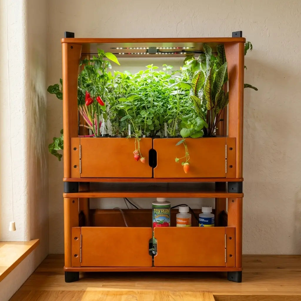 Fresh Greek oregano growing in an Aquager hydroponic home farm on a wooden kitchen counter