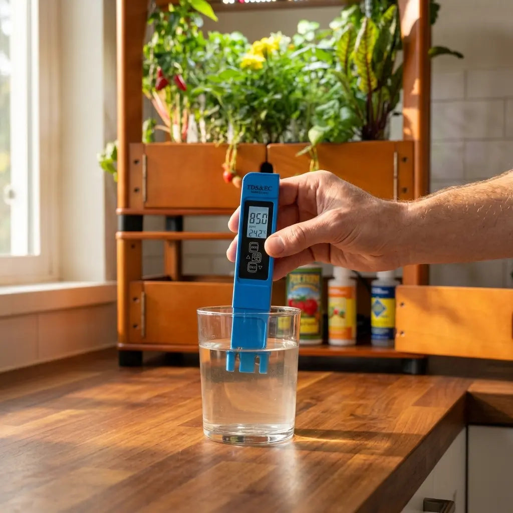 Reading a PPM/EC meter dipped in hydroponic reservoir water beside an Aquager wooden hydroponic farm