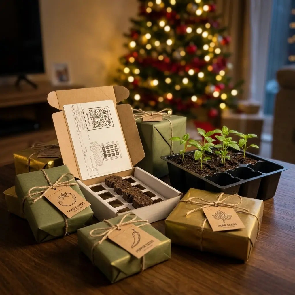 Wrapped Christmas gifts and a seedling tray on a wooden table beside a lit tree, ordered before the shipping deadline