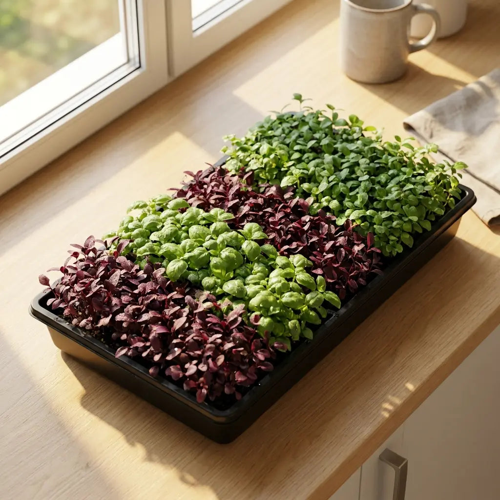 basil and amaranth microgreens growing together in a tray on a sunny kitchen counter