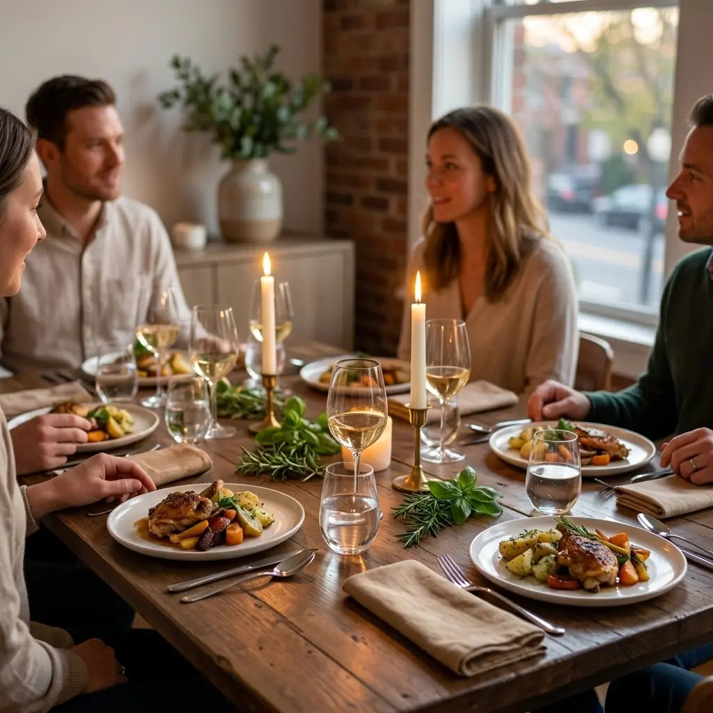 Elegant dinner party table set with fresh herb garnishes and candlelight for a restaurant quality menu
