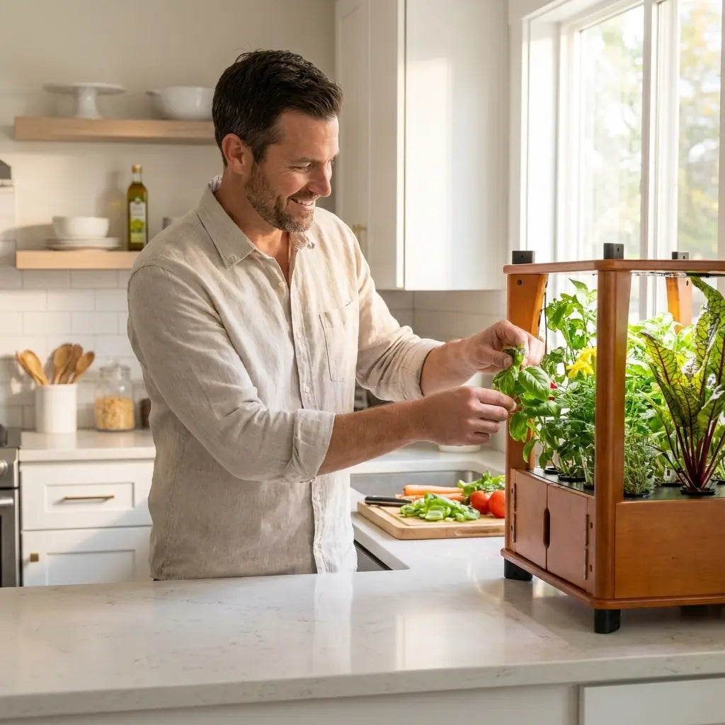 Dad harvesting fresh herbs from Aquager hydroponic home farm on kitchen counter — best Father's Day gift for dads who cook
