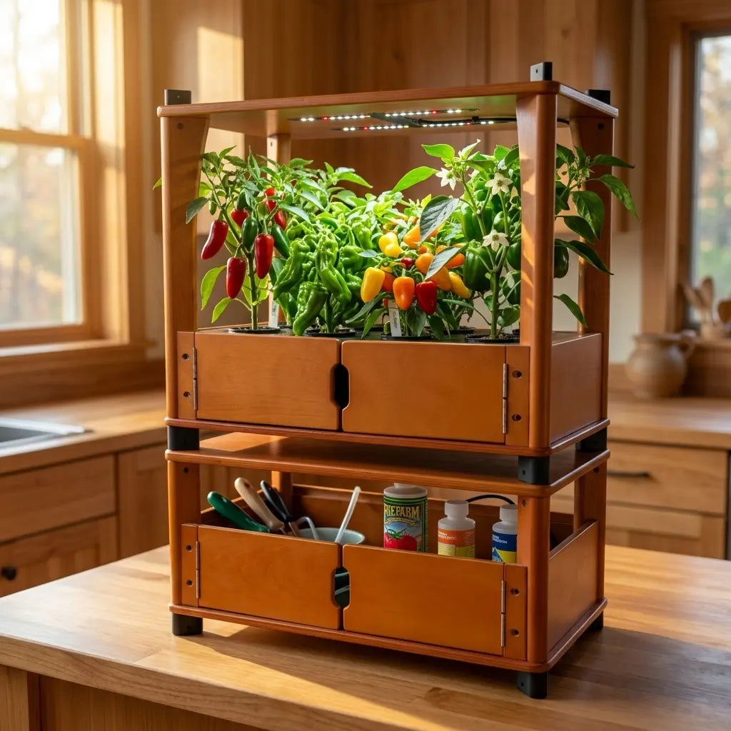 Jalapeño, shishito, bell, and lunchbox peppers growing hot peppers indoors in a hydroponic home farm