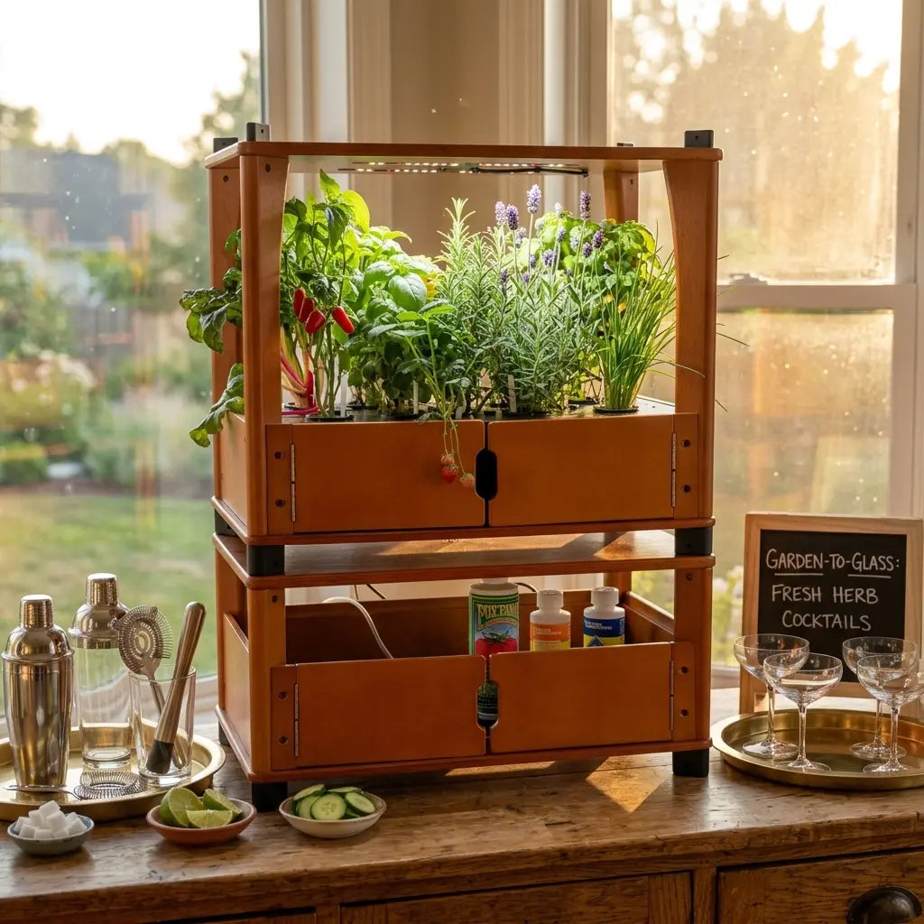 Aquager hydroponic home farm stocked with fresh herbs by a sunny window, ready for holiday entertaining
