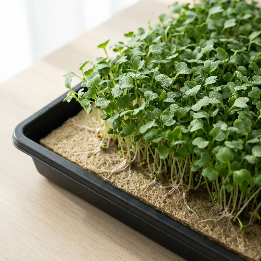close-up of hydroponic microgreens with visible roots growing on an organic coco coir mat, no soil, in a black tray