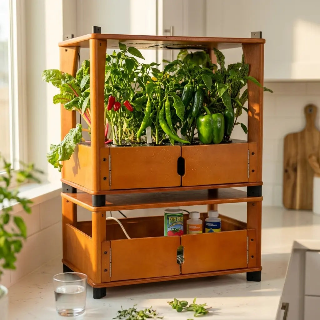 Jalapeno, shishito, and bell pepper plants growing side by side indoors to compare which is easiest to grow