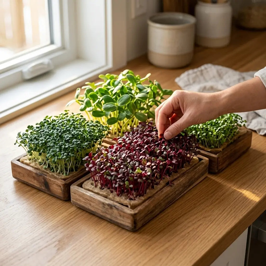microgreens benefits growing in colorful trays in a home kitchen