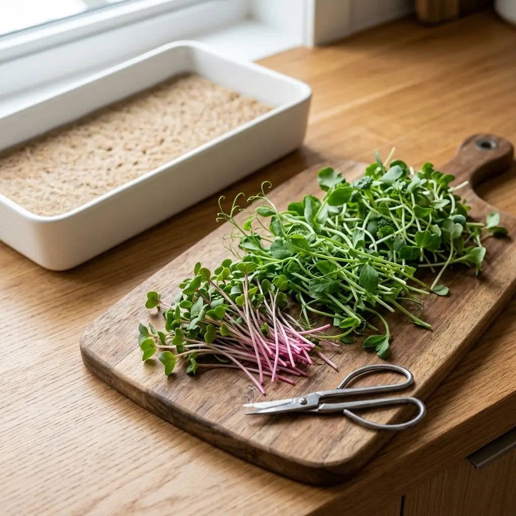 Freshly cut microgreens on a wooden board with scissors, ready for a Thanksgiving charcuterie board