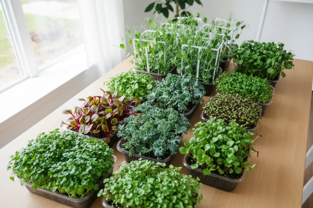 Broccoli, radish, kale, mustard, and pea microgreens growing in trays indoors.
