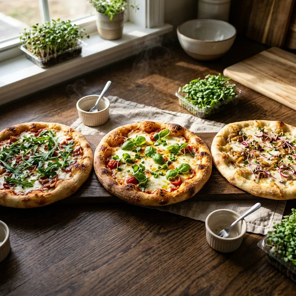 Three pizzas finished with arugula, basil, and radish confetti microgreens after baking, a pizza topping chart by style