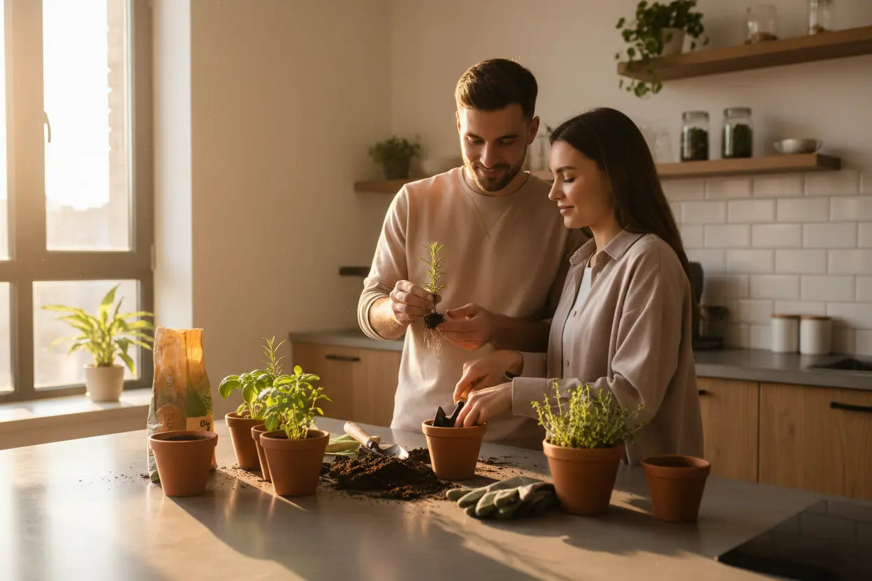 Couple planting herbs together on a kitchen countertop indoors.