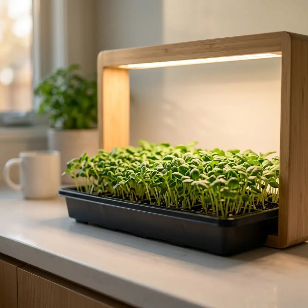 A tray of healthy green seedlings growing under a warm grow light on a clean kitchen countertop
