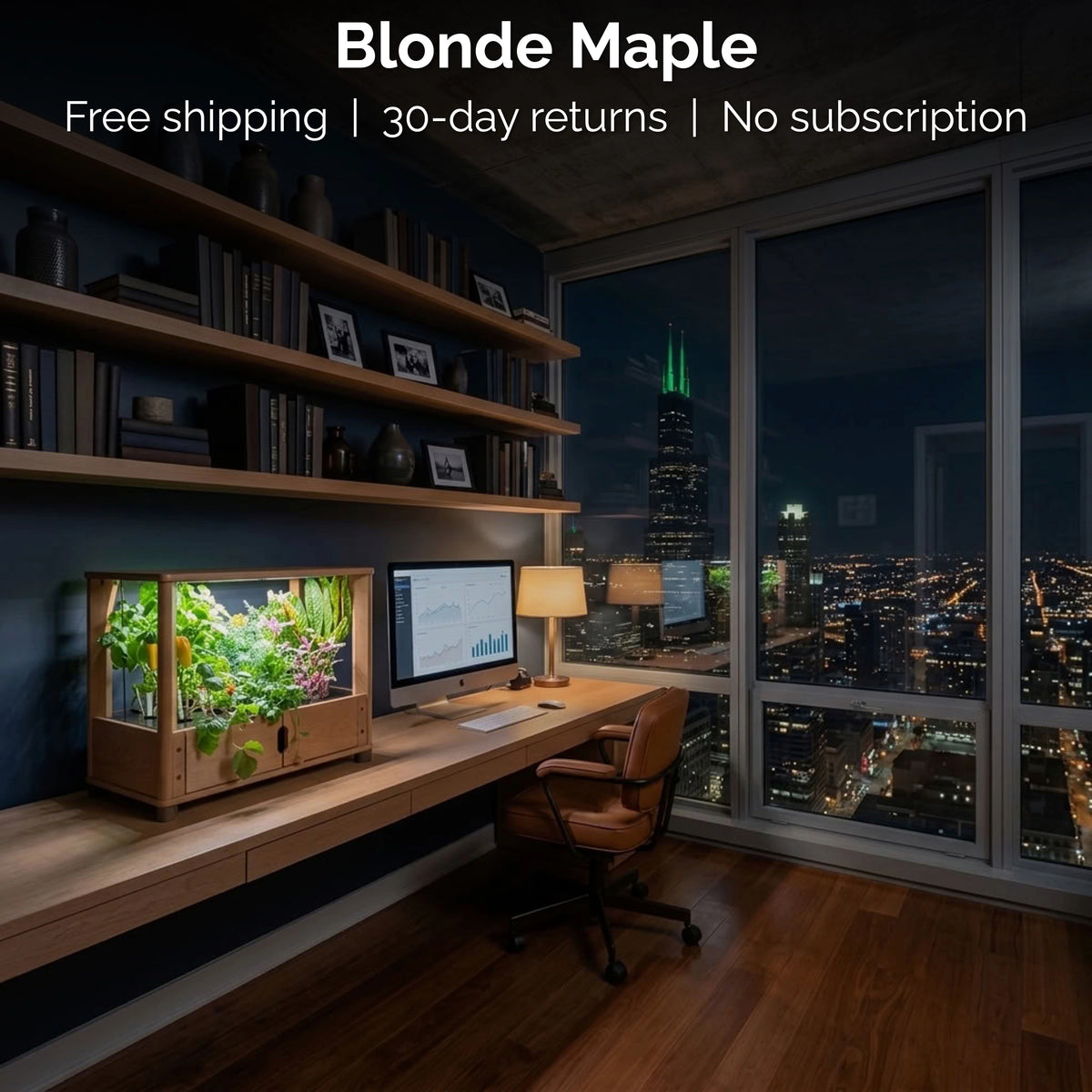 Blonde Maple Aquager home farm on a wooden desk in a Chicago home office at night, with free shipping and 30-day returns.