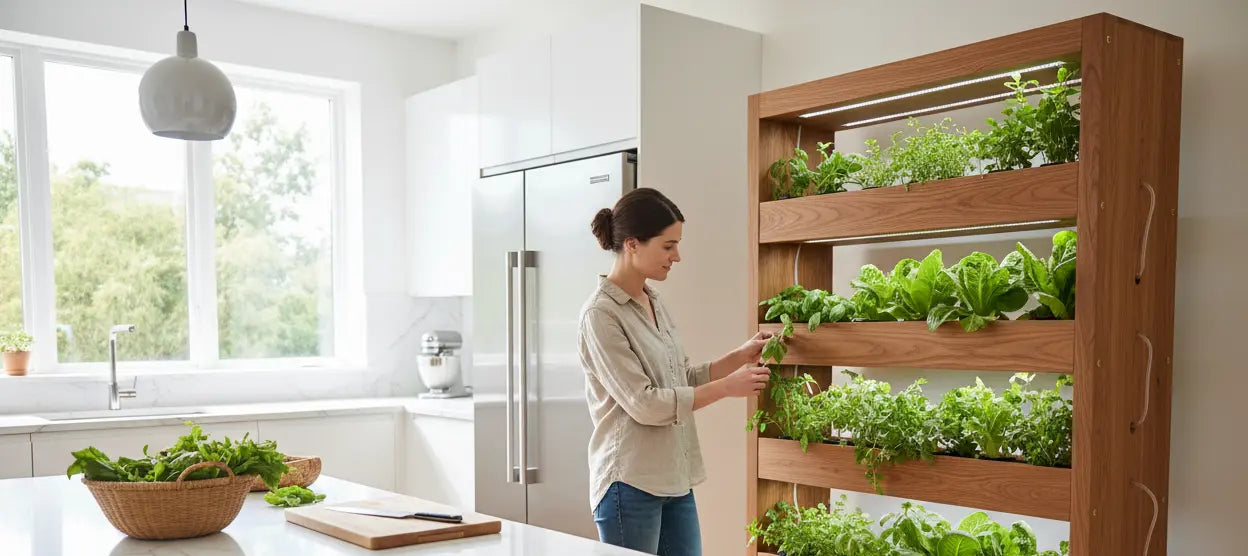 Beginner-friendly indoor food growing setup in a modern kitchen, person casually harvesting herbs, relaxed environment, realistic everyday use
