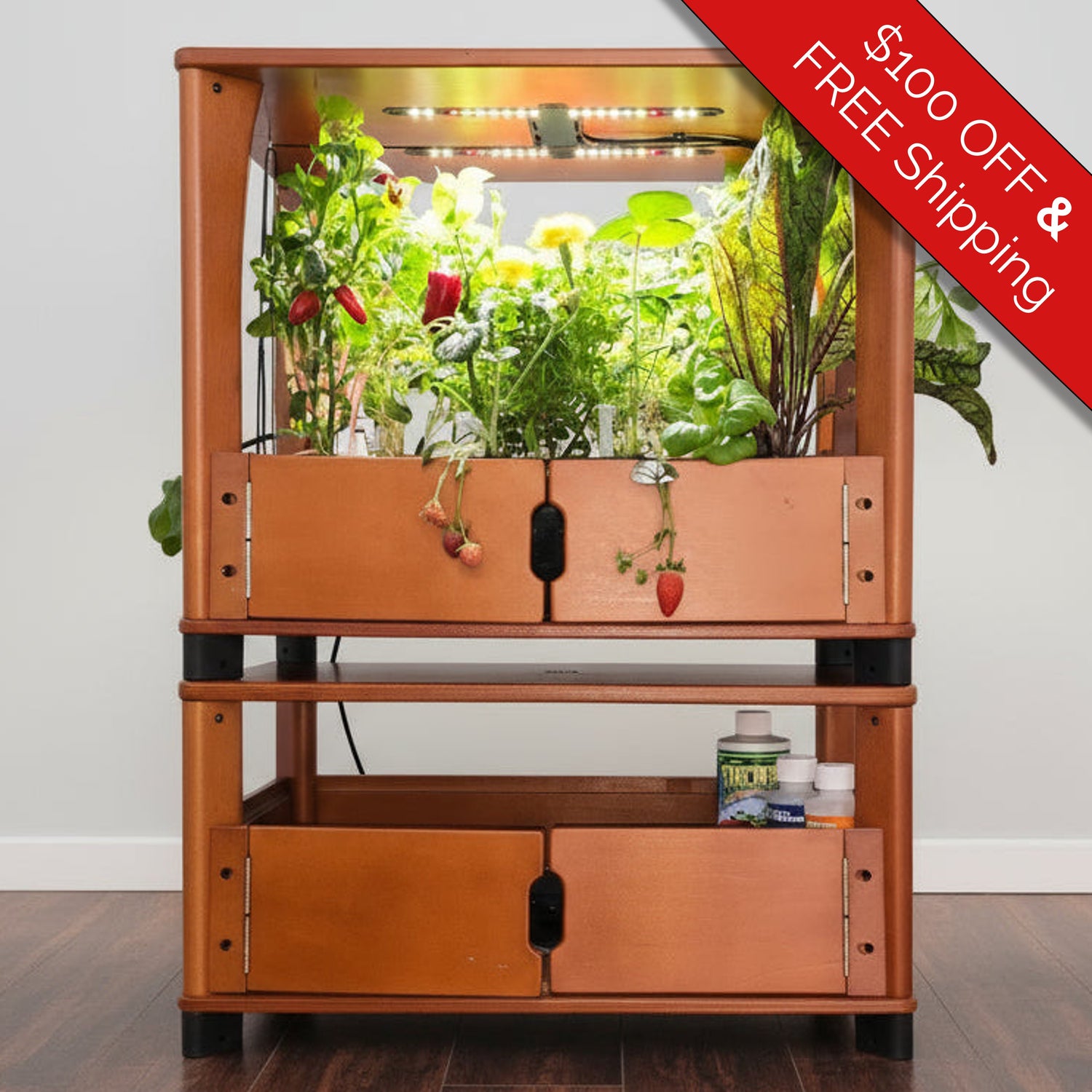 Wooden indoor garden with plants and LED lights on a white background, with a promotional banner on the side.