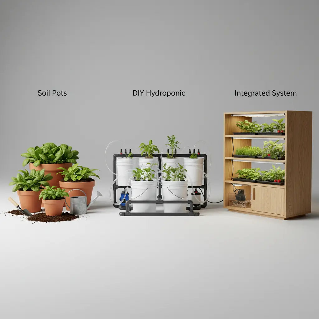 Clean comparison illustration showing three indoor food growing approaches: soil pots, DIY hydroponic buckets, and an integrated wooden indoor growing system