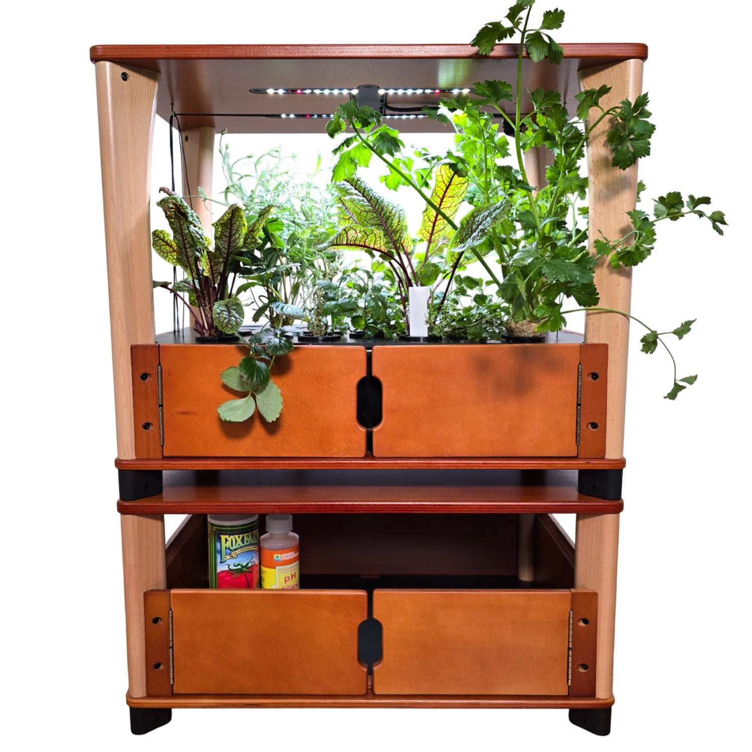 Wooden indoor gardening system with plants and supplies on a white background