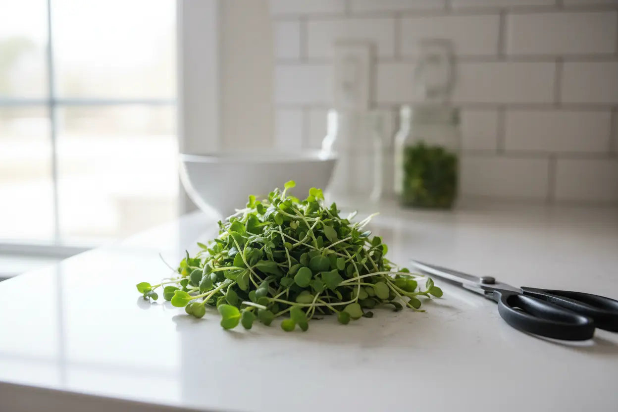 Freshly harvested microgreens on kitchen counter, scissors nearby, small realistic yield, clean natural lighting, everyday home setting