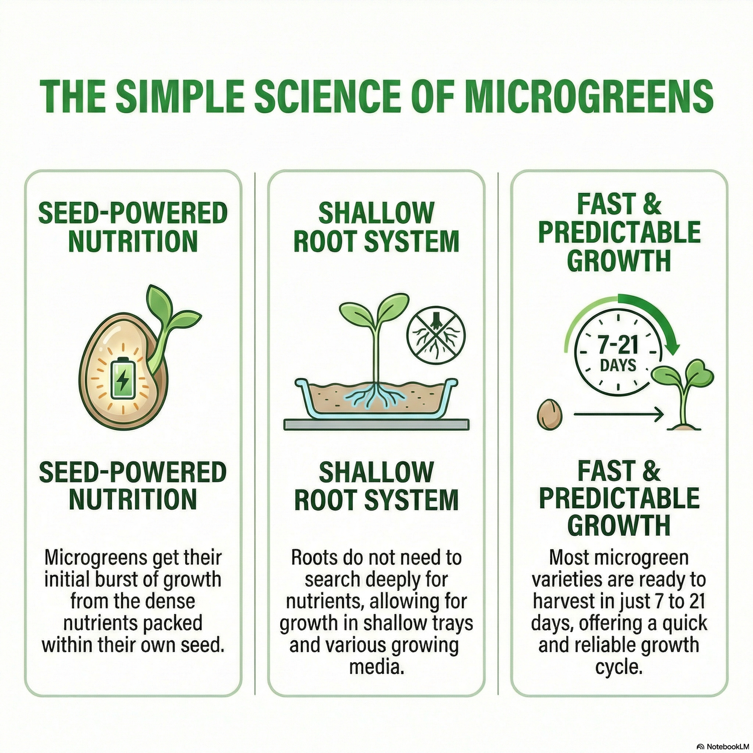 Three panels explaining the science of microgreens with icons and text.