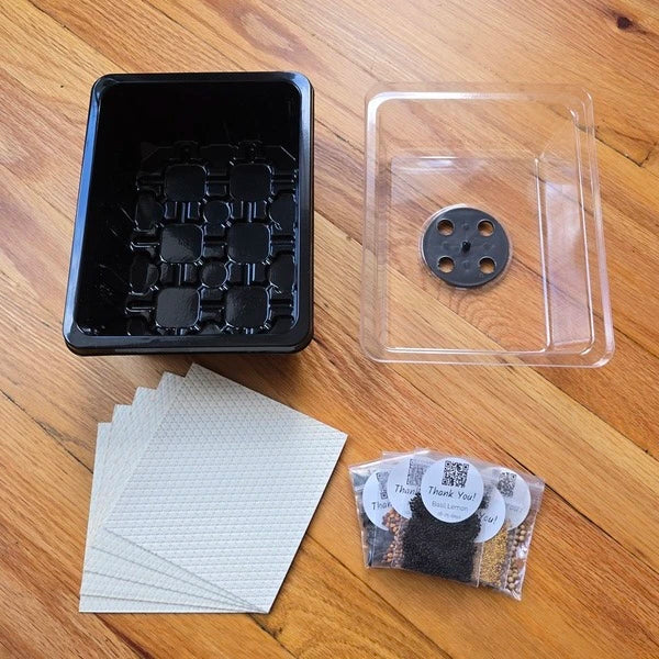 Nursery, dome, 5 organic grow mats, 5 microgreens packs. Organic microgreens starter kit with humidity dome and seed varieties.