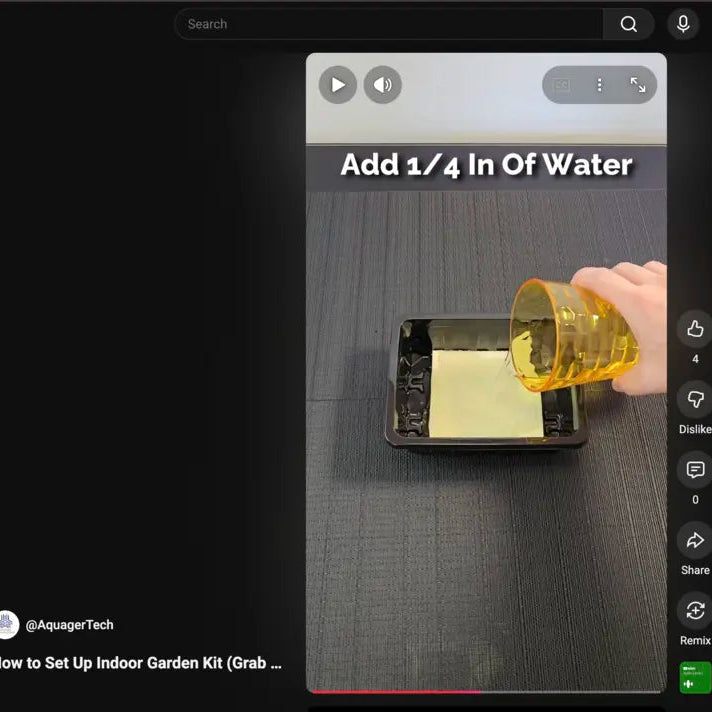Screen capture of a tutorial on setting up an indoor garden kit, showing water being added to a container.